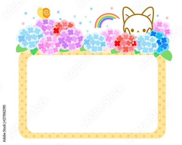 Fototapeta 紫陽花の花と猫ちゃん・可愛いフレーム枠
