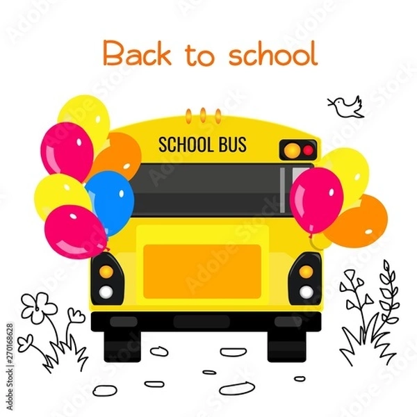 Fototapeta School bus with colorful balloons and a sign back to school.