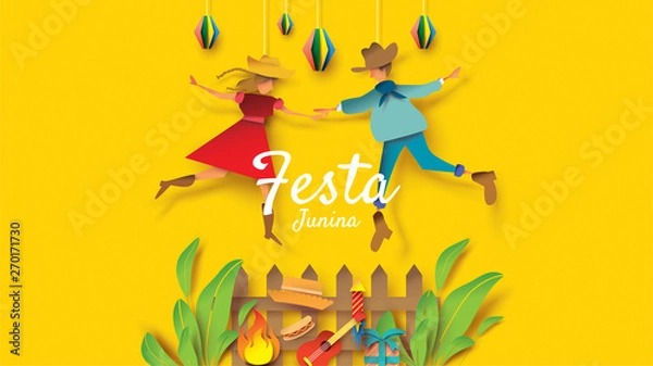 Obraz Festa Junina festival design on paper art and flat style with Party Flags and Paper Lantern, Can use for Greeting Card, Invitation or Holiday Poster. - Vector