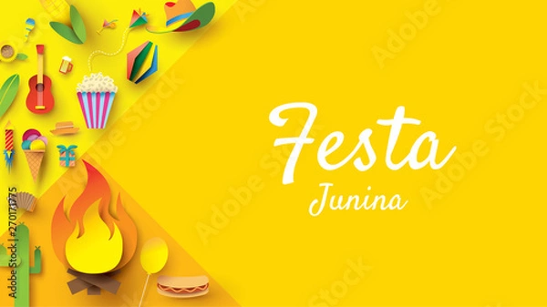 Obraz Festa Junina festival design on paper art and flat style with Party Flags and Paper Lantern, Can use for Greeting Card, Invitation or Holiday Poster. - Vector