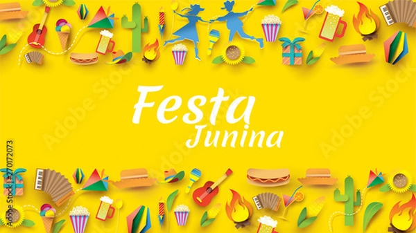 Obraz Festa Junina festival design on paper art and flat style with Party Flags and Paper Lantern, Can use for Greeting Card, Invitation or Holiday Poster. - Vector
