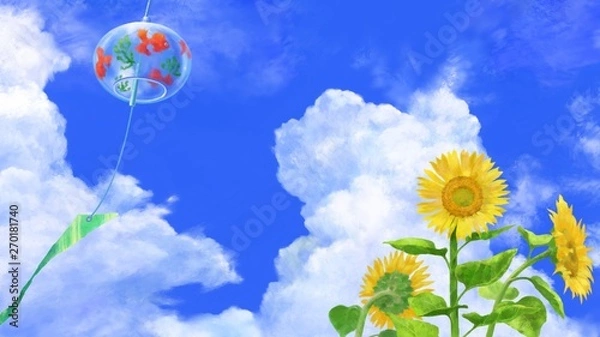 Obraz 夏真っ盛りのイラスト　風鈴とひまわり