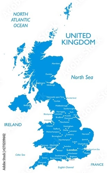 Fototapeta Vector map of United kingdom | Outline detailed contour map with city names