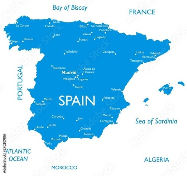 Fototapeta Vector map of Spain | Outline detailed map with city names