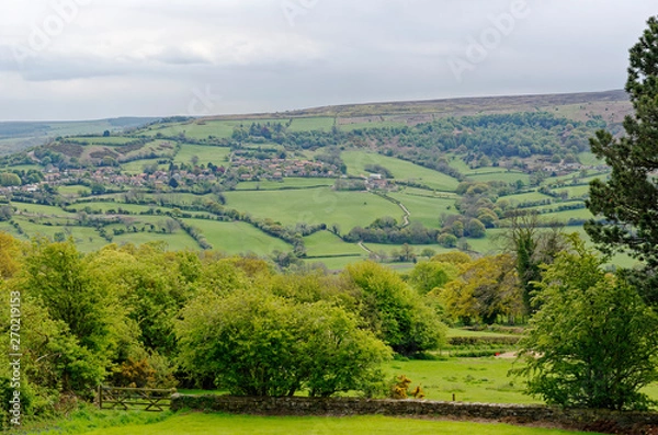 Fototapeta View across the River Esk valley from Aislaby of the village of Sleights in North Yorkshire, England