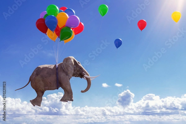 Obraz 3D ilustracja latającego słonia z balonami