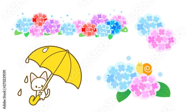 Obraz あじさいと黄色い傘をさす猫のイラスト素材