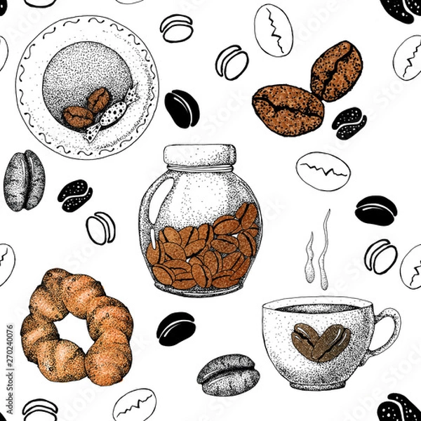 Fototapeta Seamless pattern with the image of coffee beans, coffee, packaging, jars, plates. Sketch, graphics for the design of prints, backgrounds, wallpapers, advertising, menus, packaging wrappers cafes shops