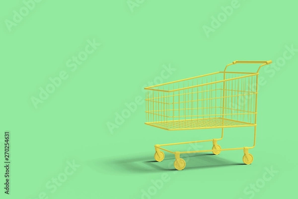 Fototapeta Yellow shop cart on a green background abstract image. Minimal concept shopping business. 3D render.
