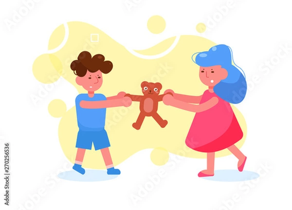 Fototapeta Children fight for a toy Vector. Cartoon. Isolated art on white background. Flat