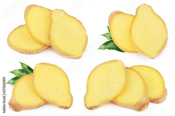 Obraz Fresh sliced ginger with leaves isolated on white background