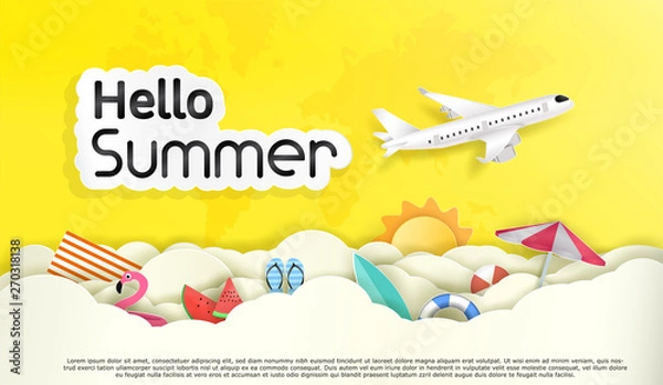Fototapeta Vector Hello summer And tourism. and the sky with many clouds. And decorative items to hanging adorn the beauty.To feel refreshed and vibrant summer's coming. And a work of origami, or paper cut. 