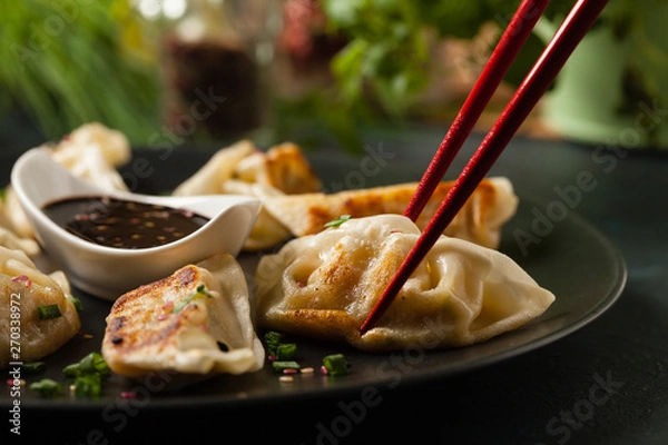 Obraz Original Japanese dumplings Gyoza with chicken and vegetables.Front view. Dark blue backgrund.