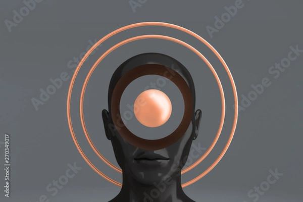Fototapeta A woman's head with Golden circles around it depicting an aura. Concept art on the topic of religion. 3D illustration