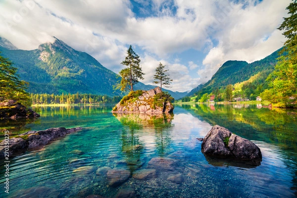 Obraz Magnificent summer scene of Hintersee lake. Colorful morning view of Austrian Alps, Salzburg-Umgebung district, Austria, Europe. Beauty of nature concept background.