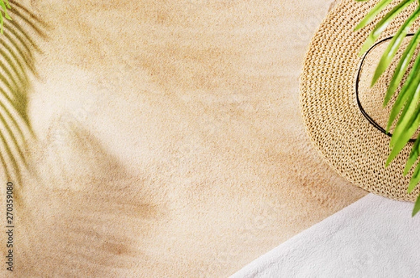 Obraz Sandy beach background top view with visible sand texture. Backdrop for mockups and advertising.