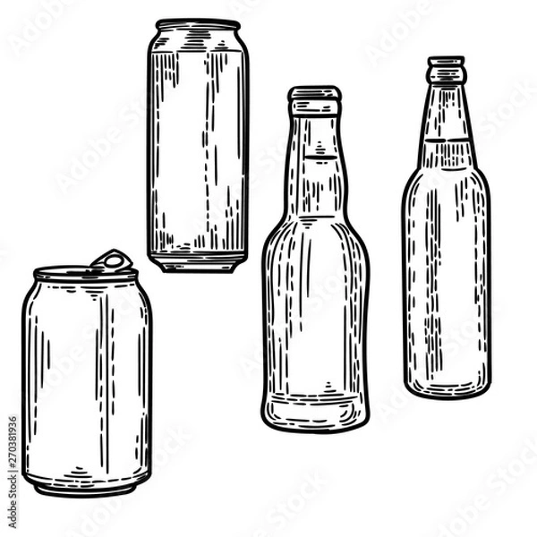 Fototapeta Vector hand drawn set of cans and bottles in the engraving style on white background.