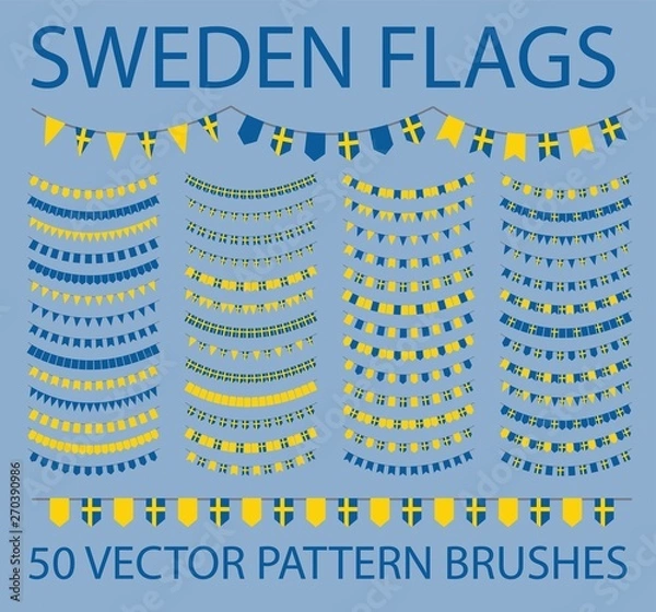 Fototapeta Set of 50 vector pattern brushes. Garland of swedish flags. Sweden.