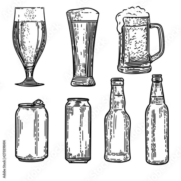 Fototapeta Vector hand drawn set of cans, bottles and glasses of beers in the engraving style on white background.
