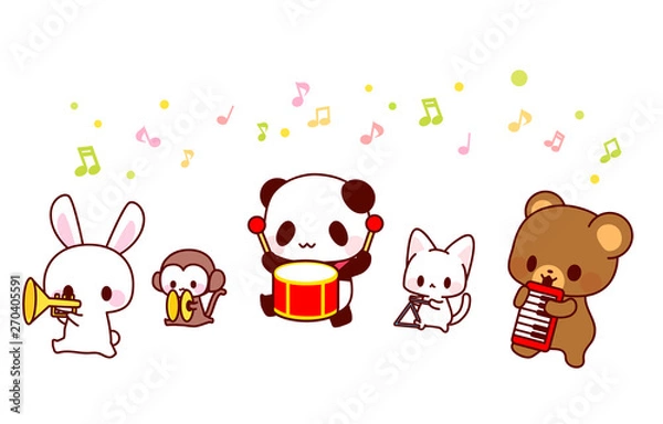Obraz くまパンダうさぎ猿ねこの楽器演奏行進イラスト