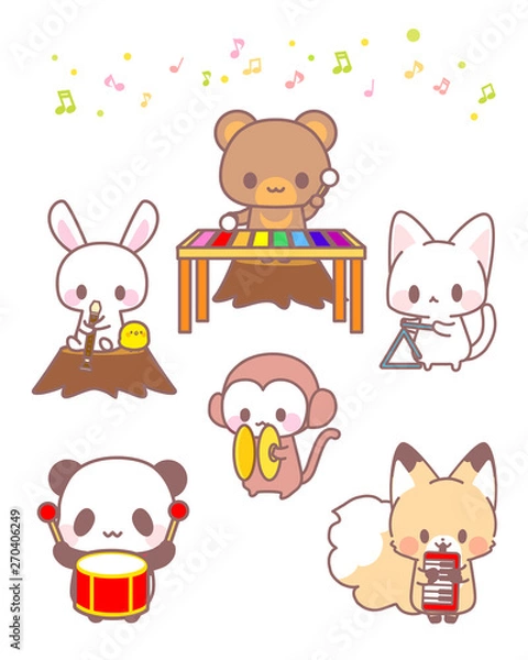 Fototapeta くまパンダうさぎ猿ねこきつねひよこ・動物たちのかわいい楽器演奏会イラスト