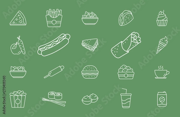 Obraz Fast food icons set - Vector outline symbols of sandwich, burger, hot dog, meat and desserts for Web or Mobile