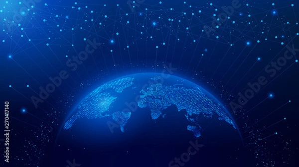 Fototapeta Mapa planety. Mapa świata. Globalna sieć społecznościowa. Przyszłość. Wektor. Niebieskie tło futurystyczne z planety Ziemia. Internet i technologia. Pływające niebieskie tło geometryczne splotu.