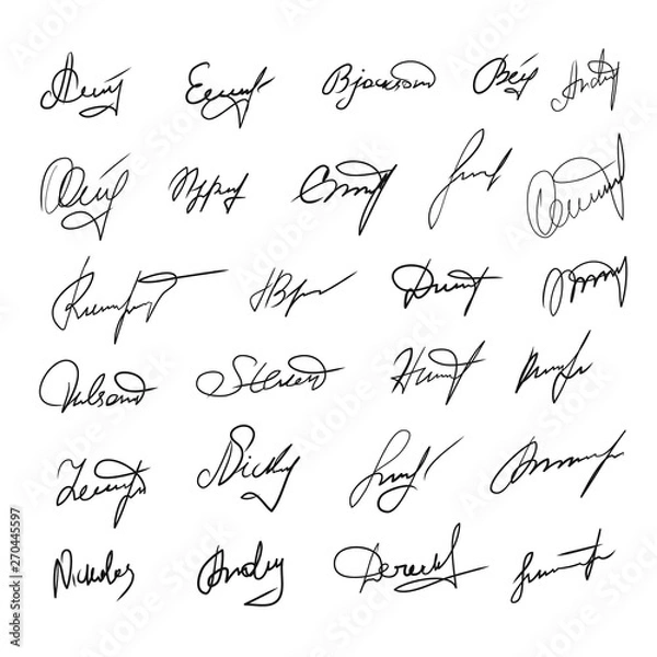 Fototapeta Handwritten signatures set. Fictitious signatures for business contract. Vector EPS 10 collection