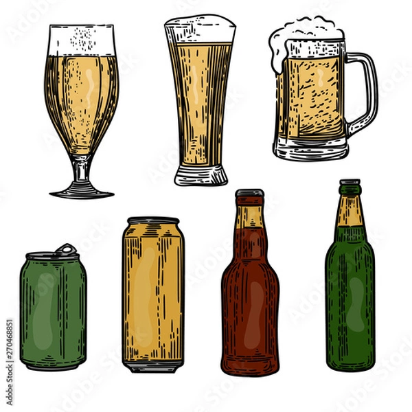 Fototapeta Vector hand drawn set of colorful cans, bottles and glasses of beers in the engraving style on white background.