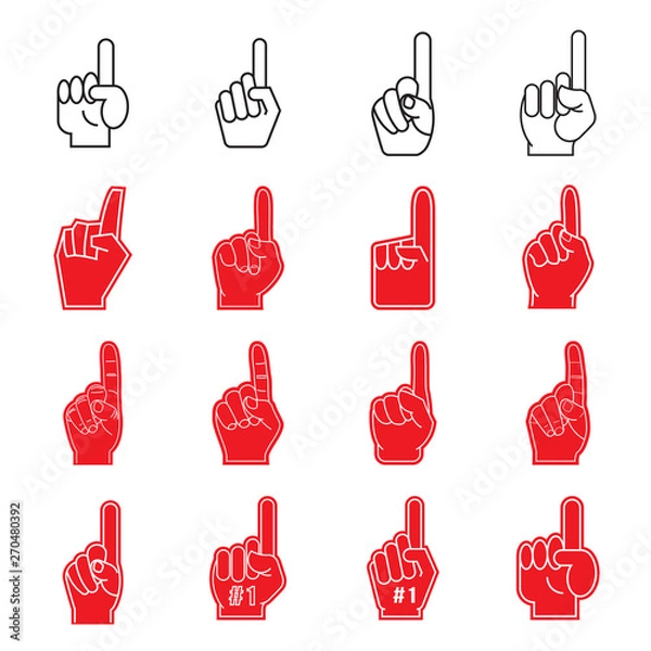 Fototapeta Giant Foam Finger Illustrations and Icons. Hands with Forefinger Up. Collection of Fan We’re Number One Symbols Isolated on a White Background. Vector Illustrations