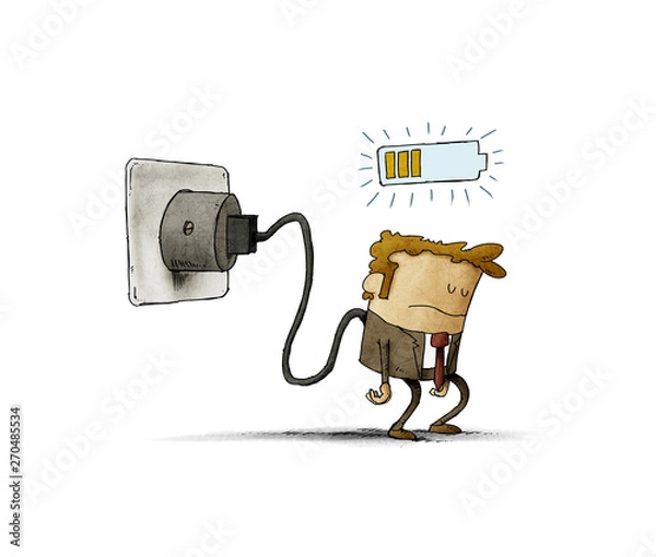 Obraz Illustration of a tired man plugged into the mains, he is charging the battery. isolated