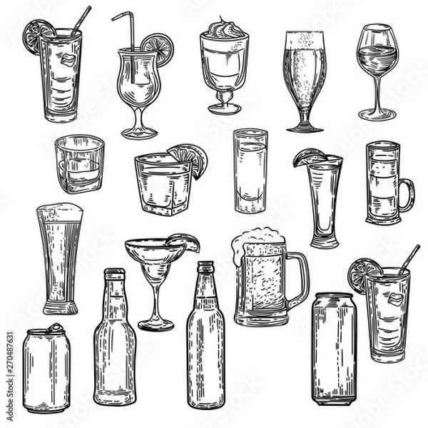 Fototapeta Vector hand drawn of big set with alcohol drinks.	