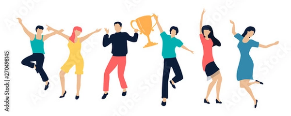 Fototapeta Set of happy dancing people, winners with golden cup. Color silhouettes isolated on white, flat style.