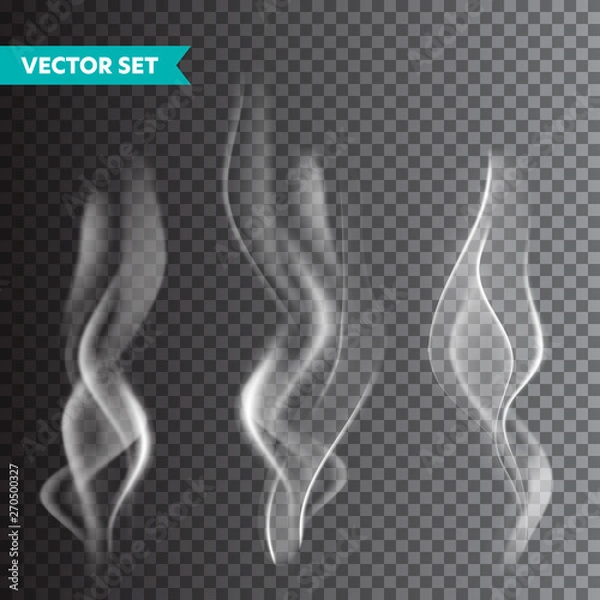 Fototapeta Realistic cigarette smoke set isolated on transparent background. Vector vapor in air, steam flow. Fog, mist effect.