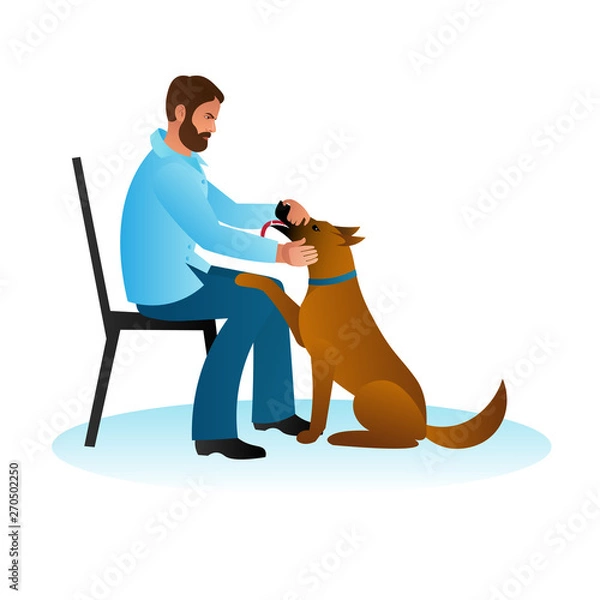 Obraz A young man sits on a chair and strokes a big kind dog sitting at his feet. Hipster guy strokes the pet's face, a red-haired Belgian Shepherd dog Malinois. Template flat vector illustration.