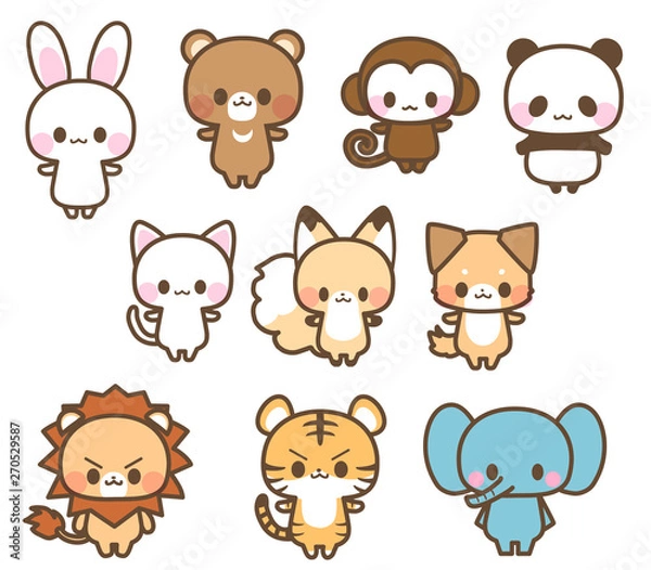 Fototapeta うさぎ・くま・パンダ・猫・犬・きつね・猿・ライオン・トラ・ゾウ動物の可愛いイラスト（主線あり）