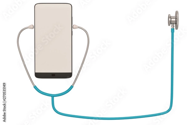 Fototapeta Smart phone  with stethoscope isolated on white background. 3D illustration.