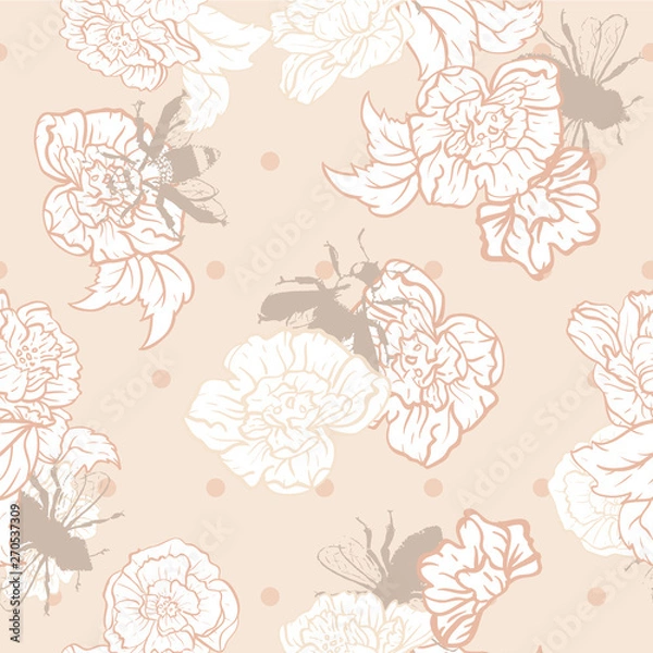 Obraz Vector Cream Bees with Roses on dots seamless pattern background.