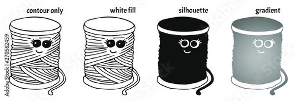 Fototapeta Set of hand drawn kawaii spools of thread in different versions: contour only, white fill, silhouette and gradient. Isolated cartoon vector illustration in doodle style