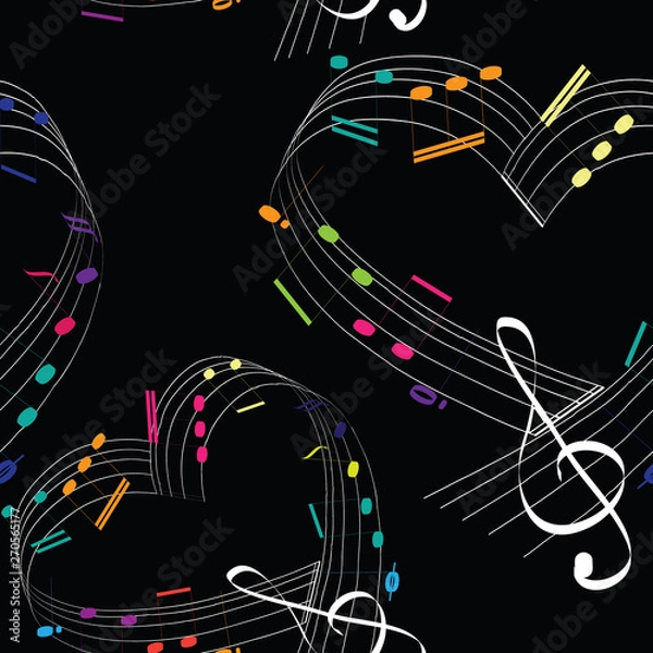 Fototapeta Colorful music notes in the shape of the heart.  Seamless pattern. Vector illustration of hearts with colorful music notes on black background.