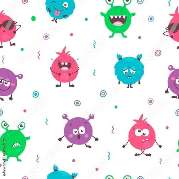Fototapeta Seamless pattern of cute cartoon colorful monsters with different emotions. Funny emoticons emojis collection for kids. Fantasy characters. Vector illustrations, cartoon flat style. 