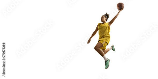Obraz Isolated Female basketball player makes slam dunk. Basketball players on white background