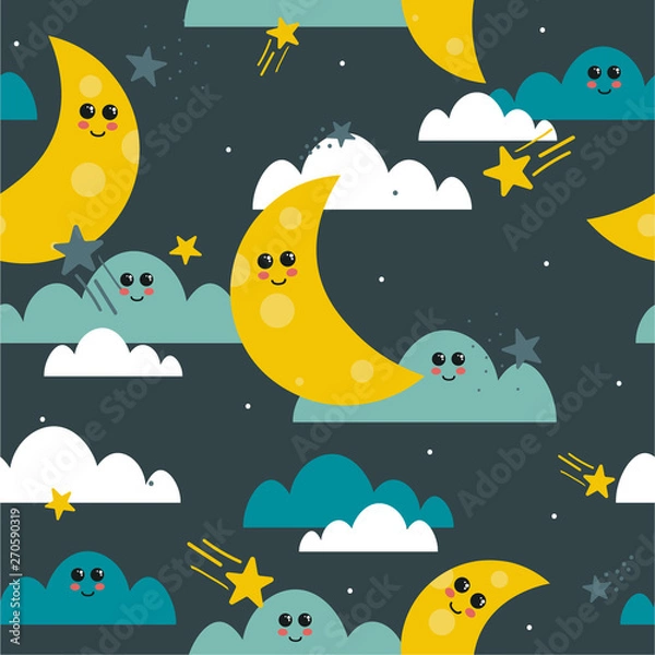 Fototapeta Moon, clouds and stars, hand drawn backdrop. Colorful seamless pattern, sky. Decorative cute wallpaper, good for printing. Overlapping colored background vector. Design illustration