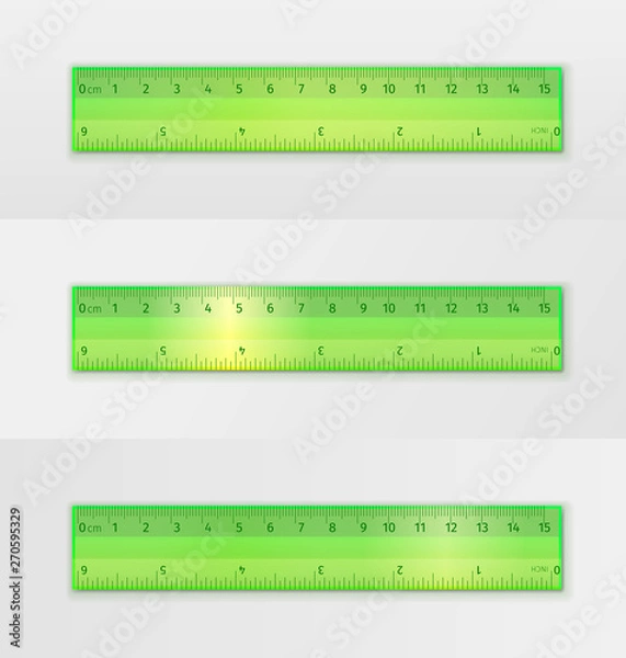 Obraz Set of school measuring transparent plastic ruler of green color 15 centimeters and 6 inches