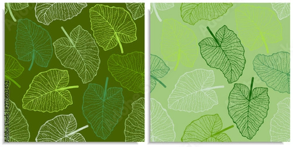 Fototapeta Vector set of a seamless pattern with sprigs of jungles leaves. Hand-drawn on sheet at the graphic style. Lines, compound path. Green color shades. Elephant Ears, Alocasia, Colocasia, Xanthosoma leaf.