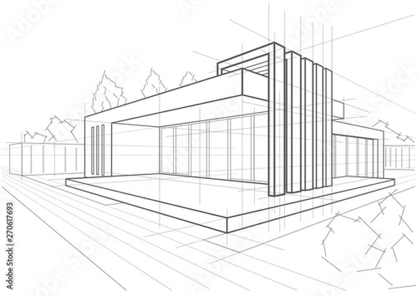 Fototapeta abstract architectural linear sketch modern cottage on white background