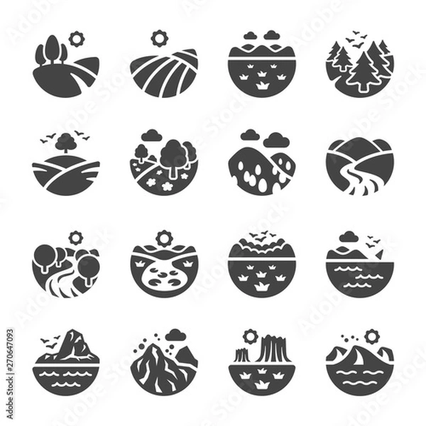 Obraz zestaw ikon krajobrazu i przyrody, wektorowe i ilustracje