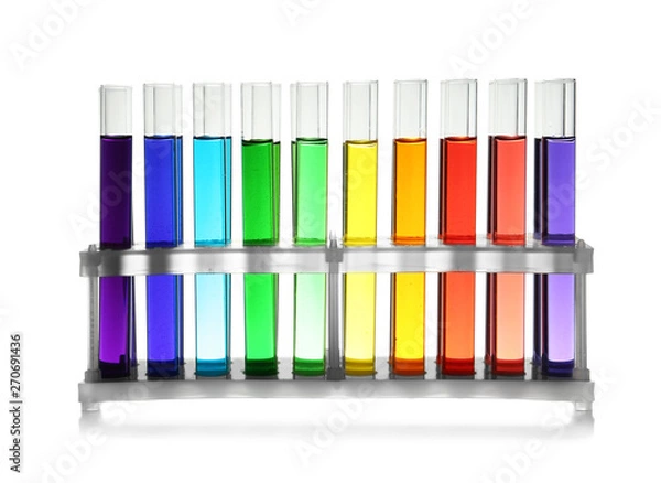 Fototapeta Rack with test tubes of color liquid isolated on white. Solution chemistry