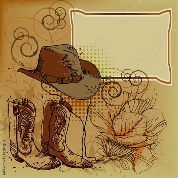 Fototapeta vector frame with a cowboy hat, boots and flowers