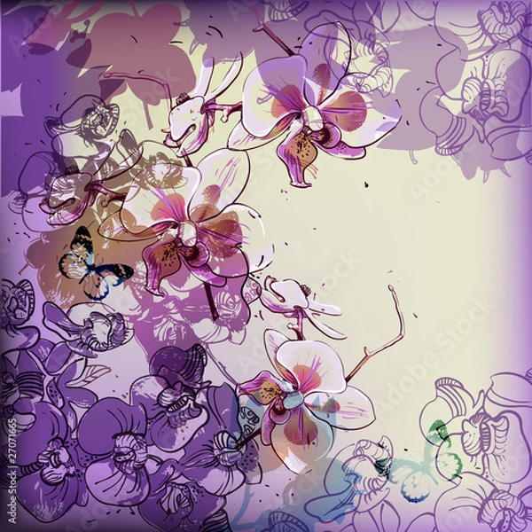 Obraz vector background with hand drawn blooming orchids